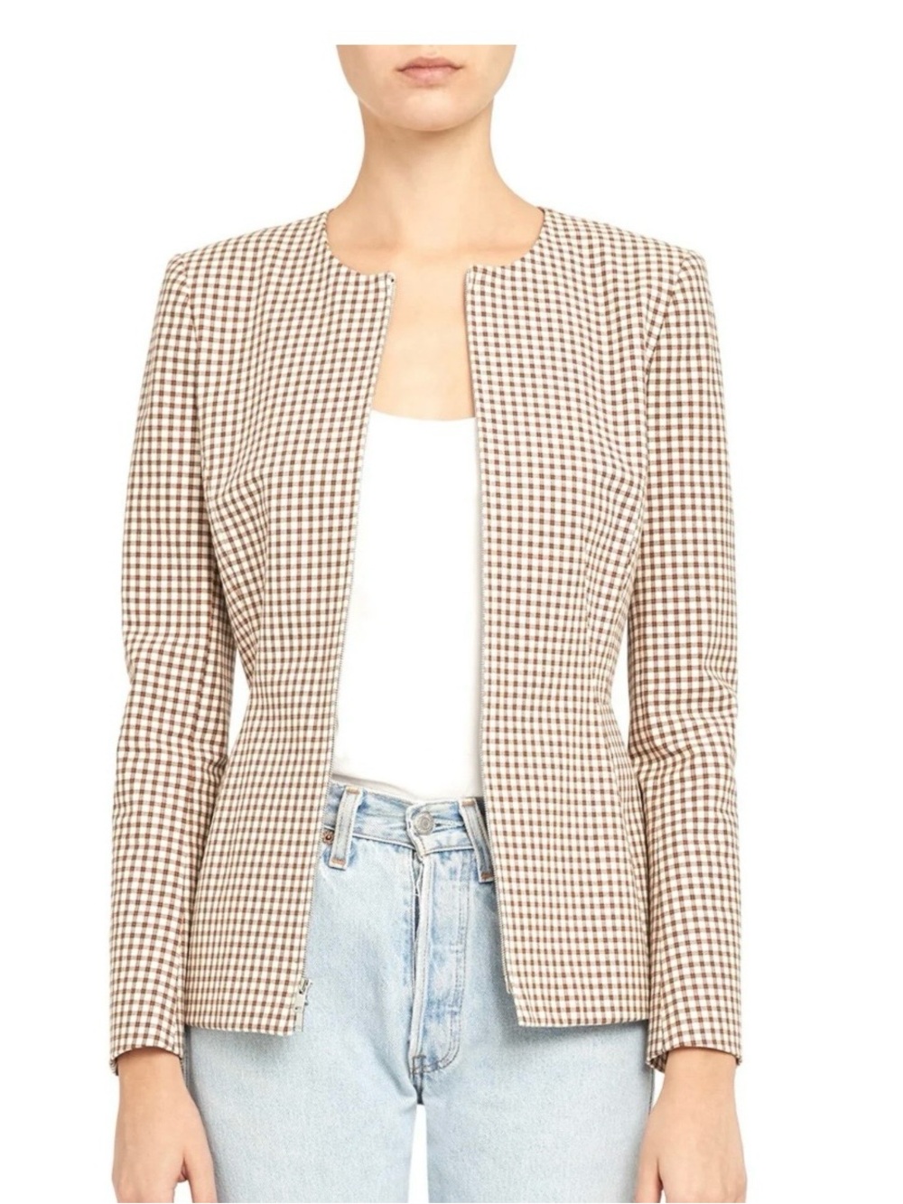 THEORY “Sculpture” brown & ivory plaid - cotton blend size 6 cinched waist